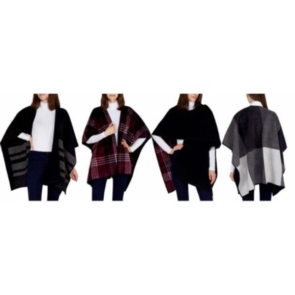 Ike Behar Blanket Poncho Black Shawl Reversible Wrap Fleece Women One Size Cozy - Picture 3 of 16